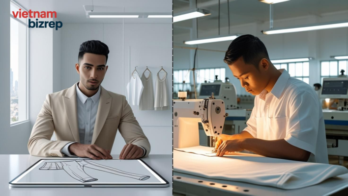 A diptych image showing the process from a design sketch in the U.S. to the product being sewn in a Vietnam factory.