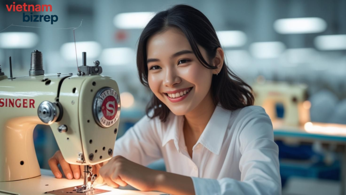 A female Vietnamese garment worker smiling in a safe and clean working environment.