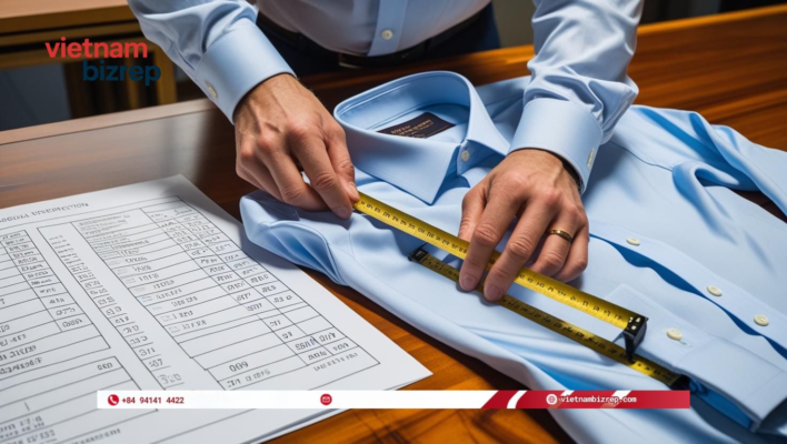 An inspector's hands measuring a finished shirt against a technical specification sheet
