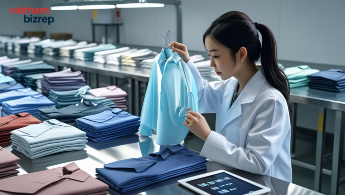 An inspector performing a final random inspection on a batch of finished garments according to AQL standards.