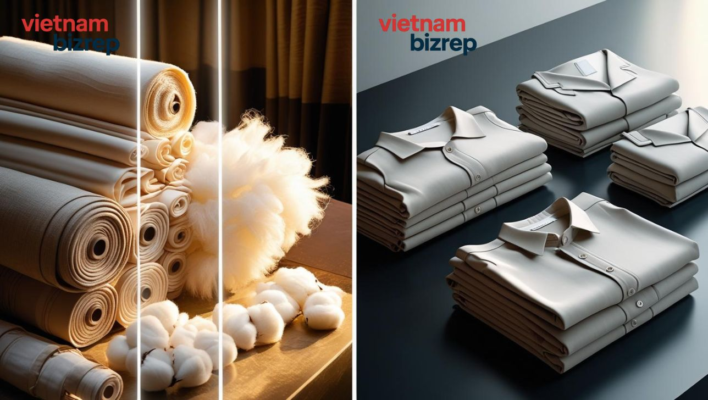 A diptych image showing raw materials like fabric rolls on one side and finished, packaged garments on the other.