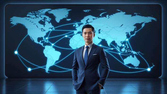 A professional Vietnamese trade representative stands before a digital world map with connecting trade routes.