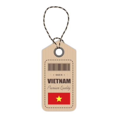 A close-up of a rack filled with high-quality fashion garments with a "Made in Vietnam" tag clearly visible.