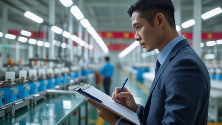 An inspector conducting a pre-production factory audit, checking machinery with the factory manager.