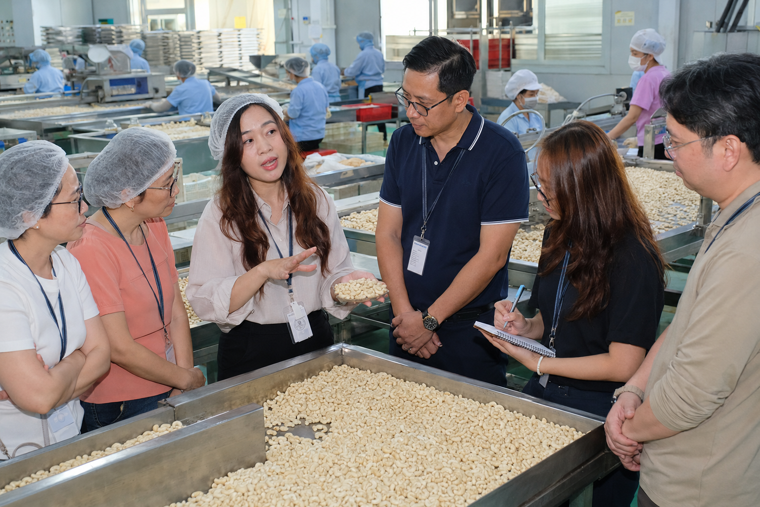 Buyer representative taking notes while reviewing cashew kernel quality at Vietnam processing plant