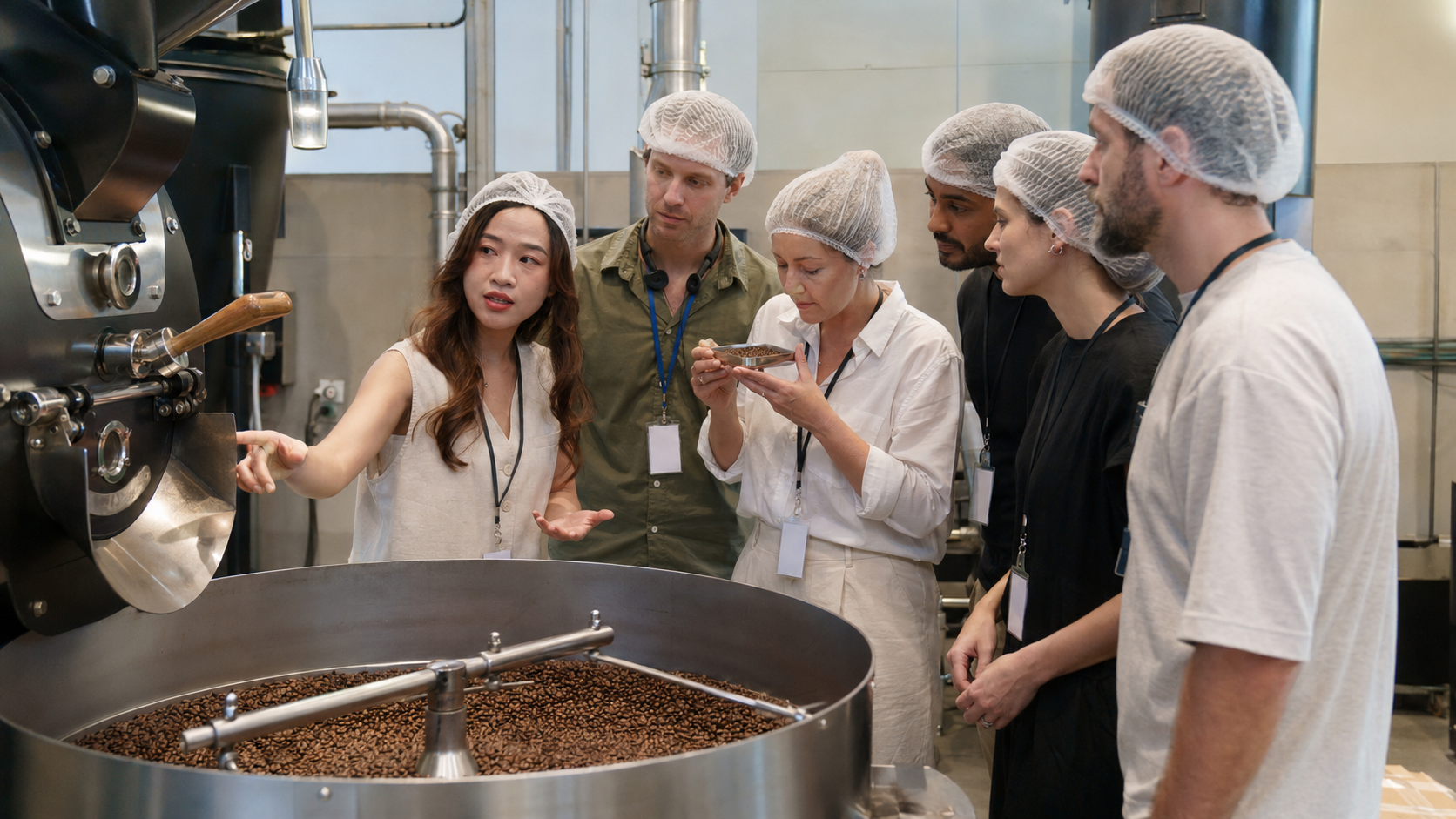 Buyers examining roasted coffee beans at a Vietnamese processing company during a quality assessment visit