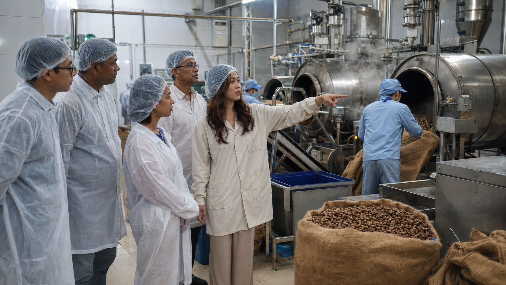 Sourcing agent leading buyer group through cashew roasting section during Vietnam factory visit