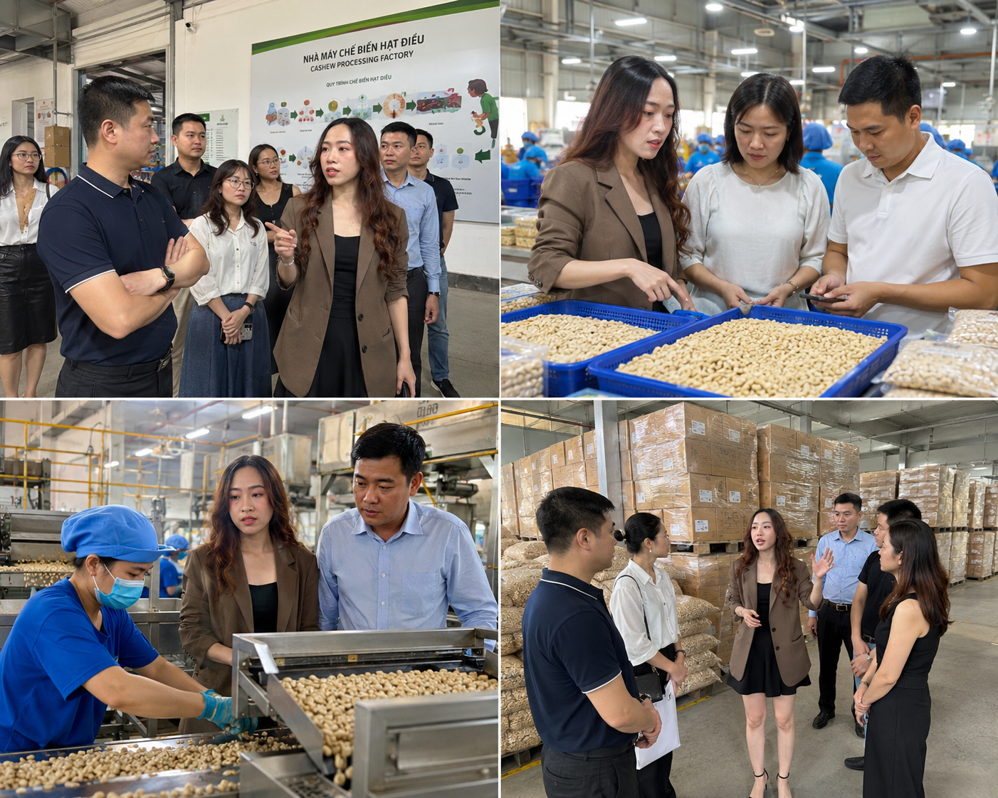 Buyers reviewing cashew processing factory floor and warehouse at Vietnam cashew export facility