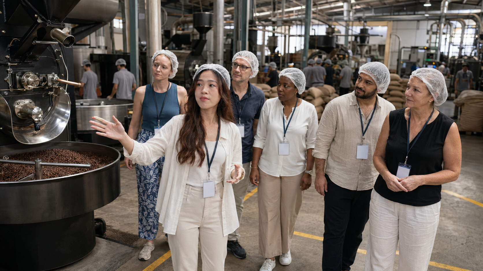 Local representative walking buyers through a Vietnamese coffee processing facility during an audit tour