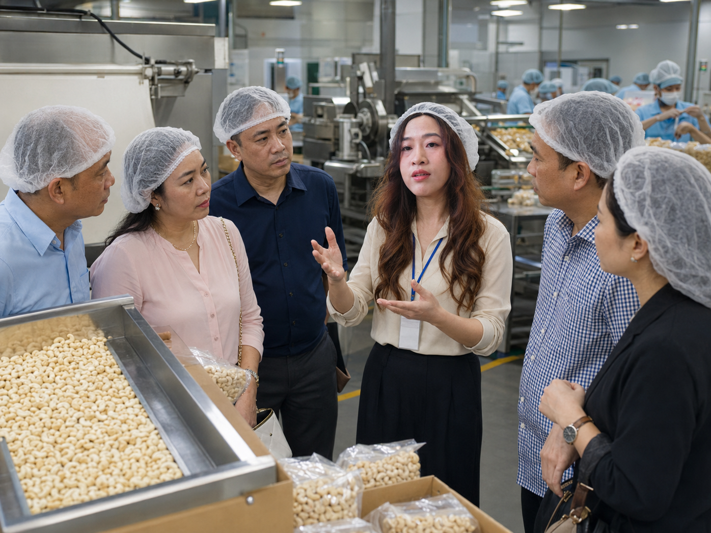 Cashew sourcing representative discussing packaged cashew products with buyer group at processing facility