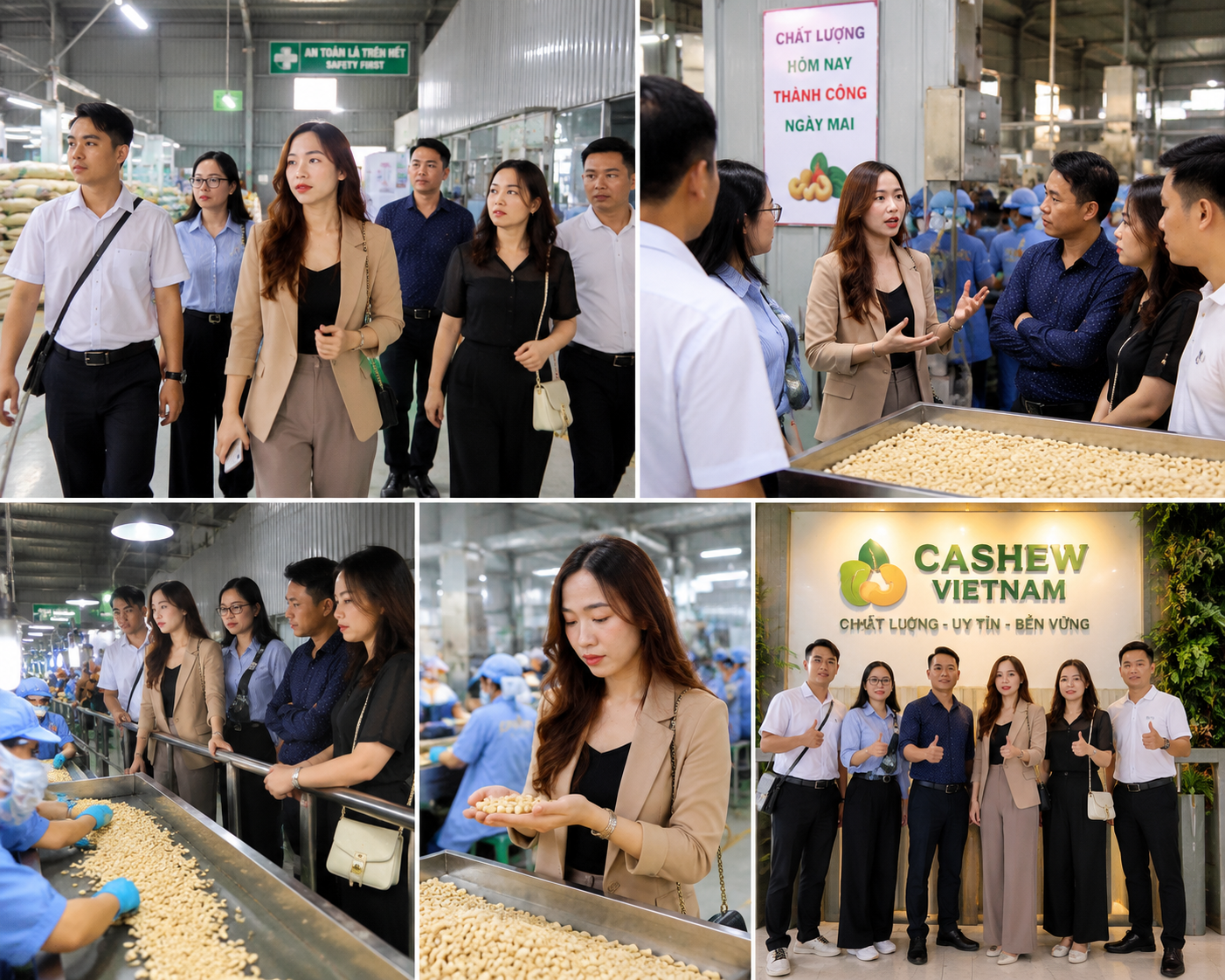 Buyer delegation at Vietnam Cashew factory with sourcing agent during audit visit