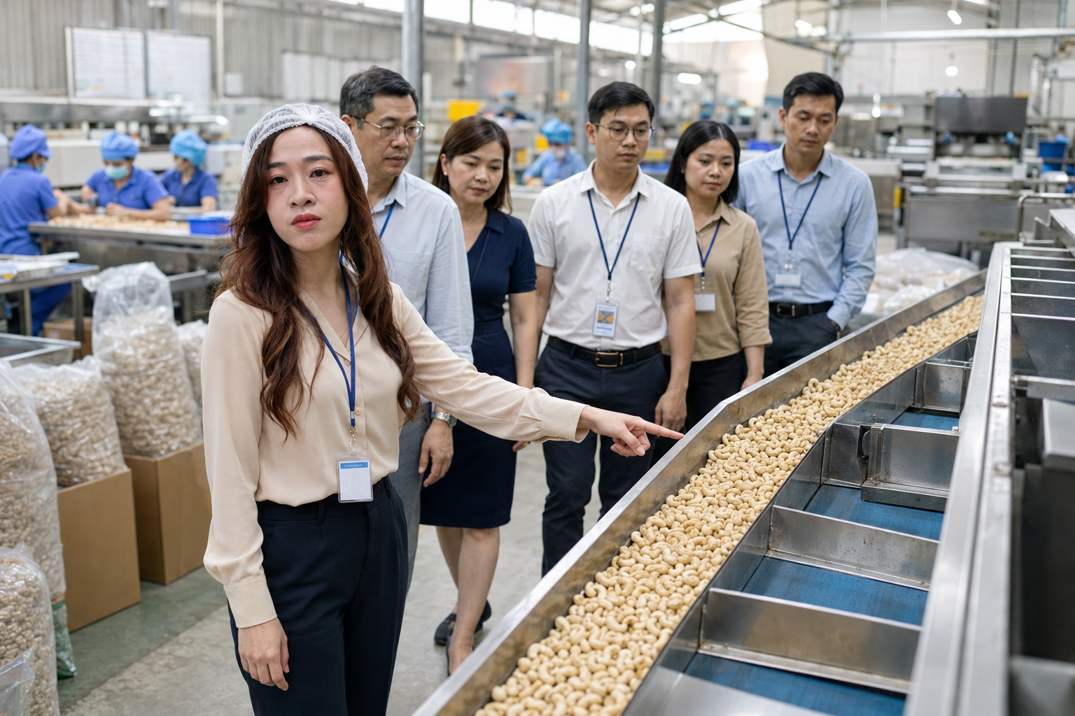 Local sourcing representative pointing out cashew kernels on processing conveyor to buyer delegation