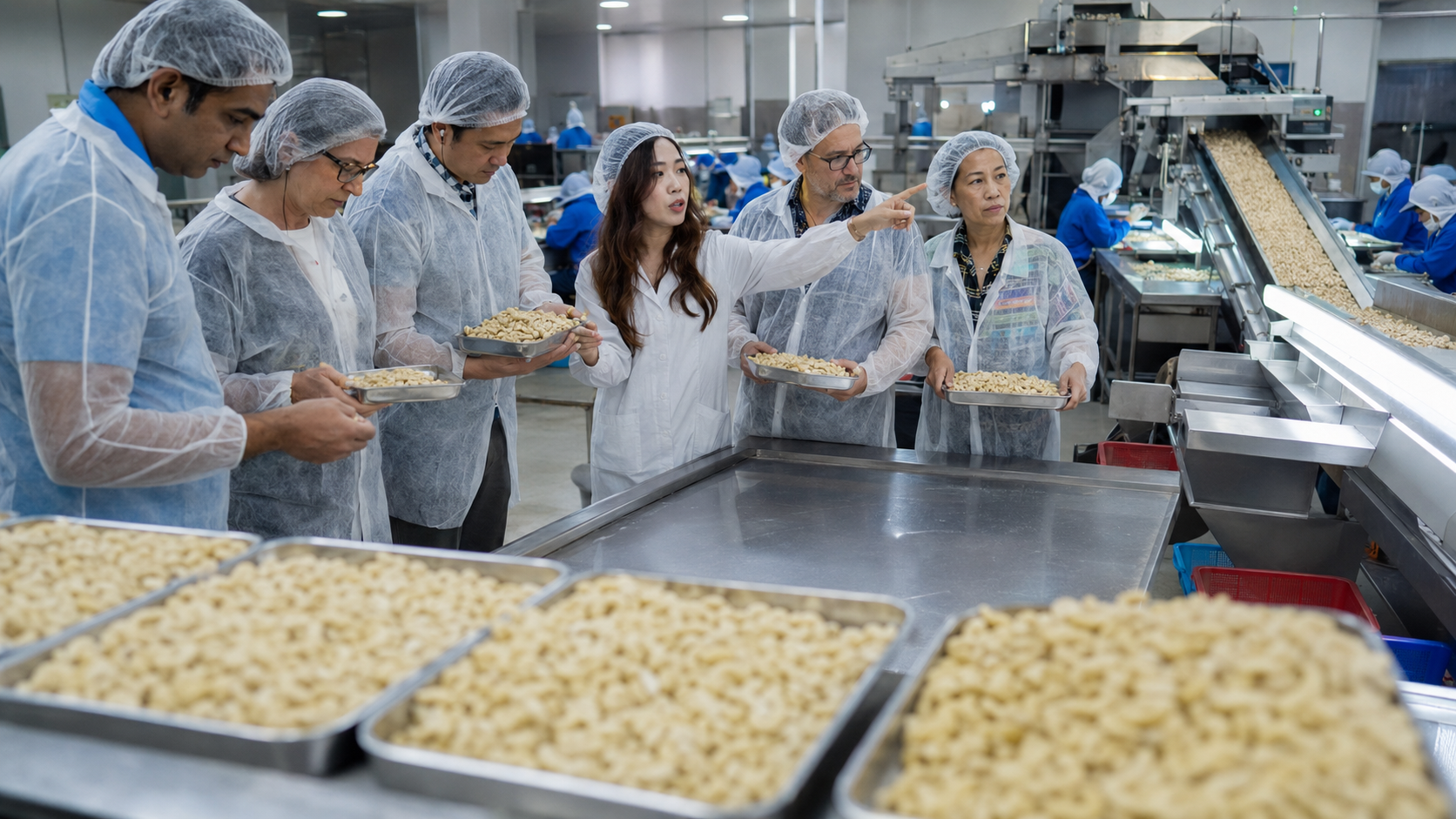 International buying team examining cashew kernel samples in trays during Vietnam factory inspection