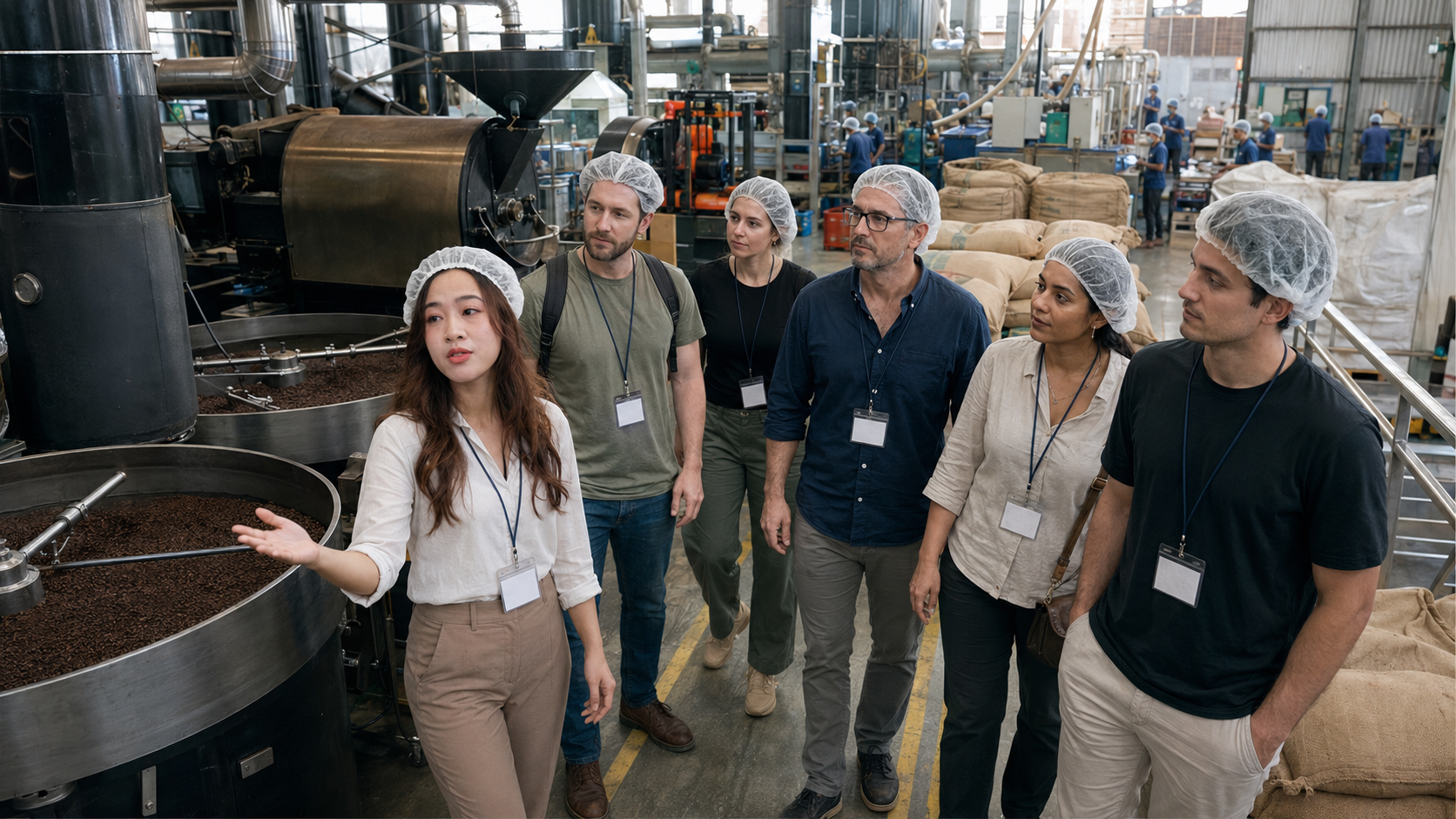 Factory tour of a Vietnamese coffee processing facility with roasting equipment and storage sacks