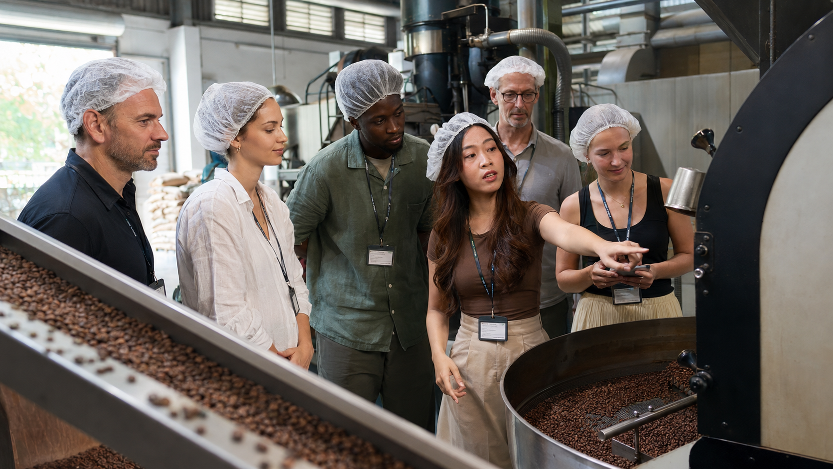 Roasted coffee beans in a cooling drum being reviewed by buyers at a Vietnamese roasting facility