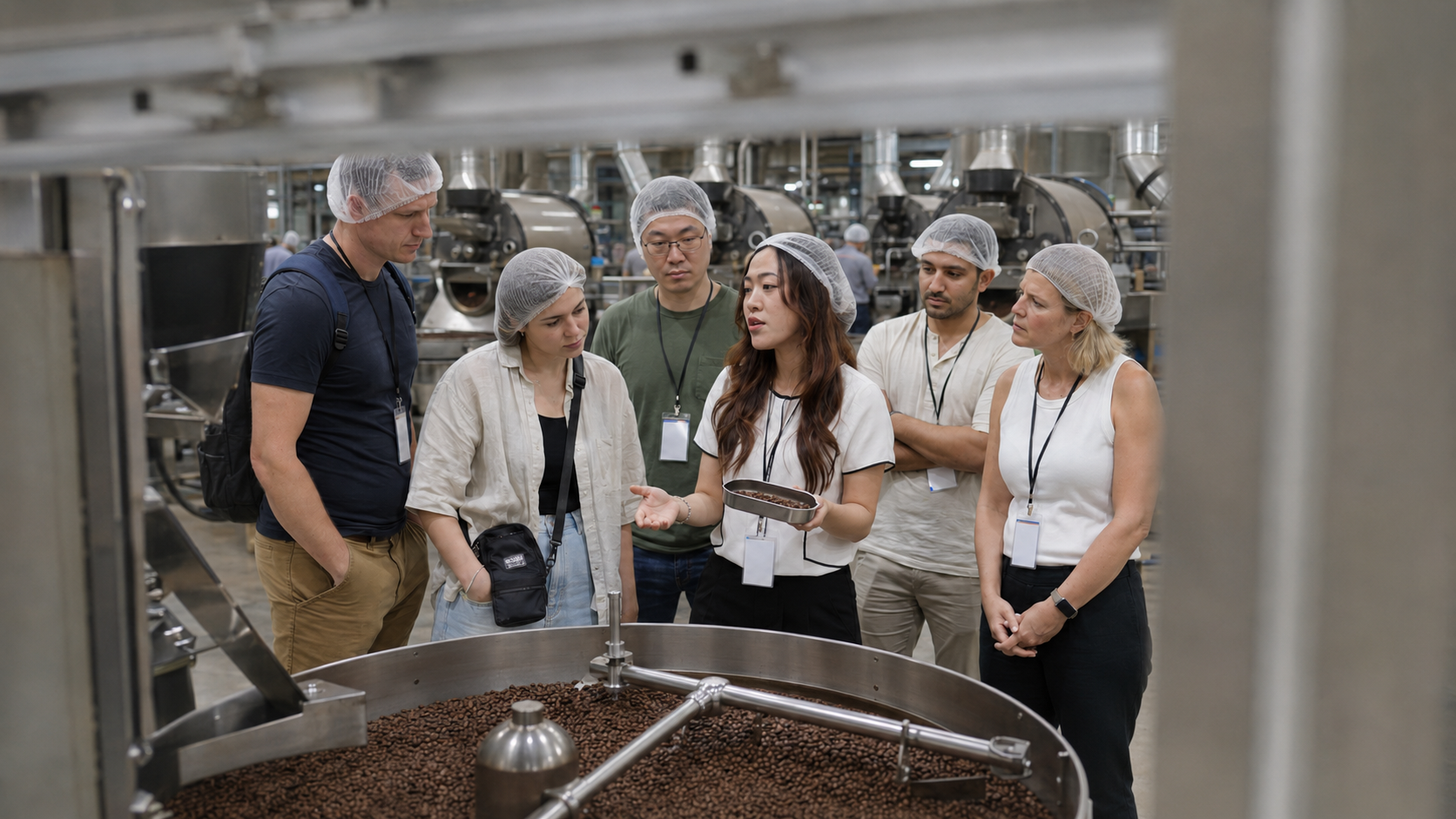 Buyers with hairnets inspecting roasted coffee beans from a large roasting drum at a Vietnamese facility