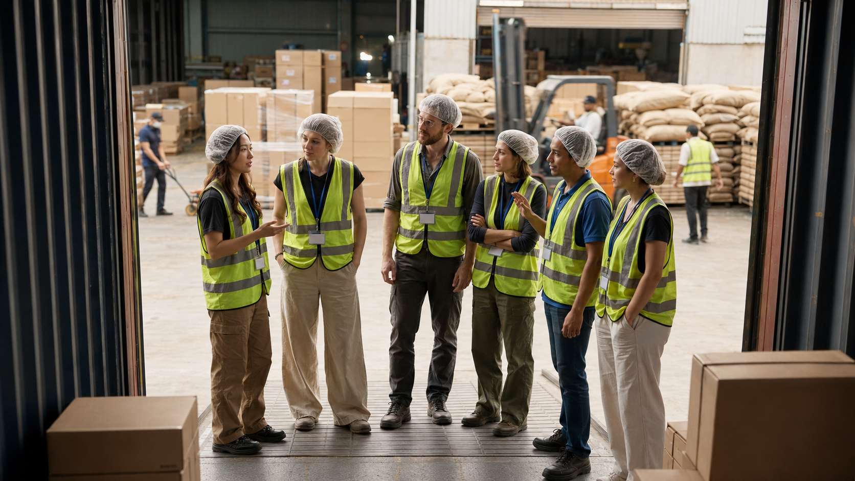 Buyers at a Vietnamese coffee export warehouse during pre-shipment verification of green coffee beans