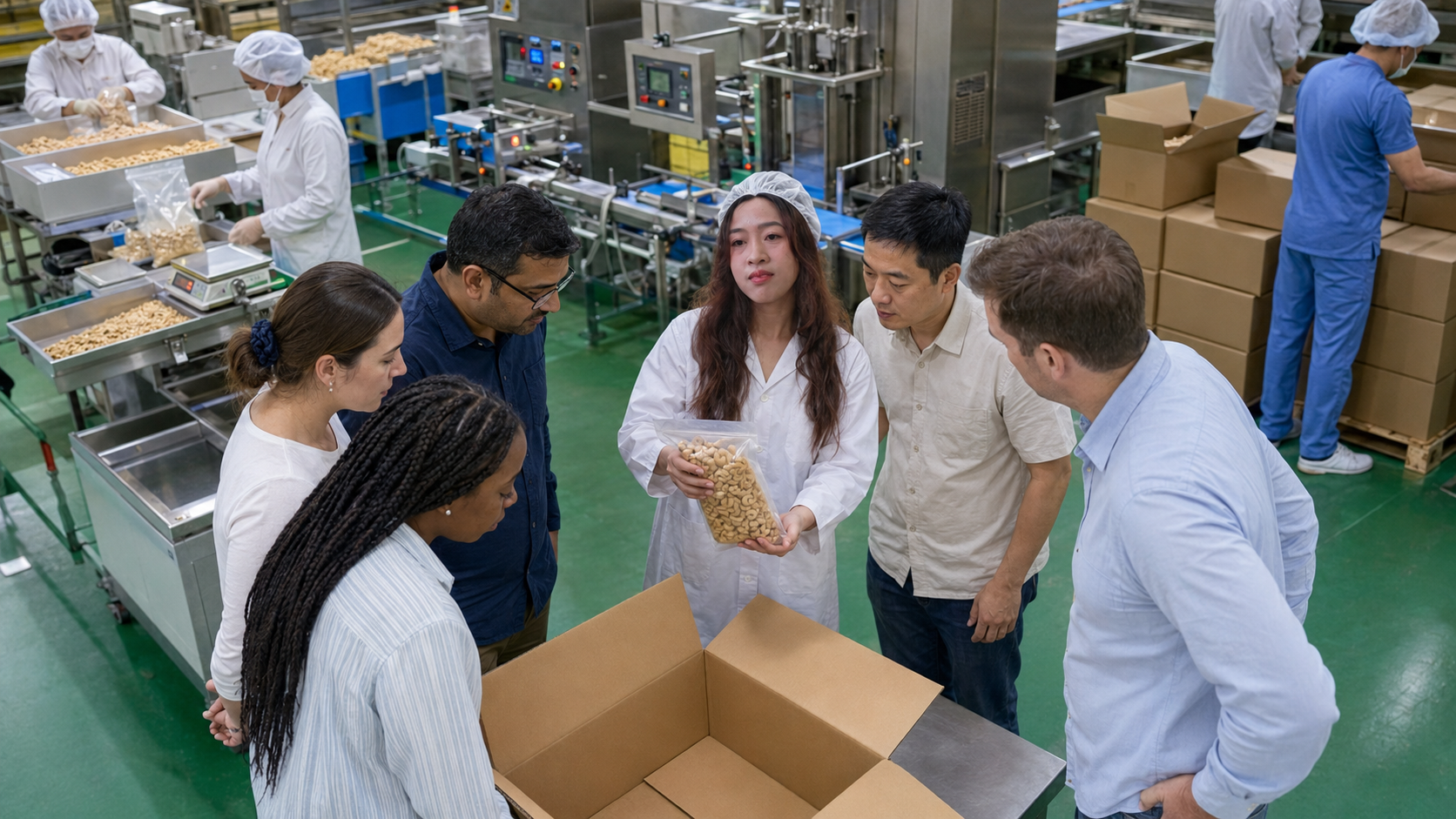International buyers reviewing packaged cashew samples at Vietnam cashew export packing facility