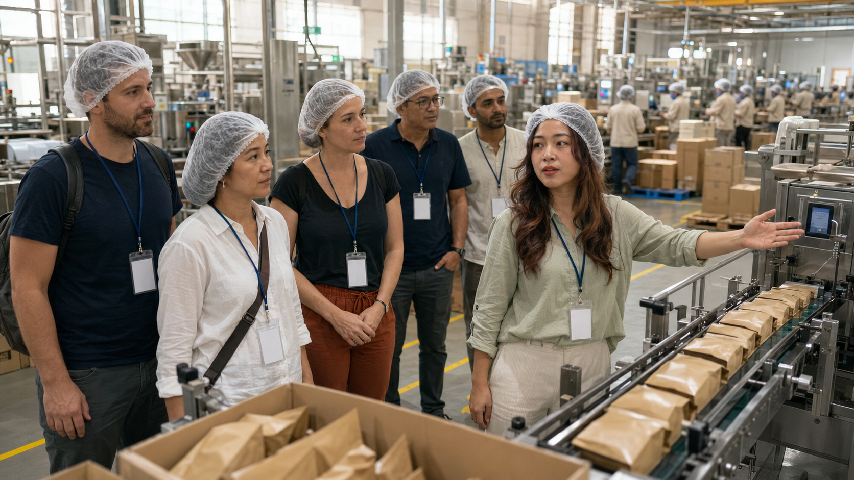 Packaging line for instant coffee products at a Vietnamese manufacturing facility during buyer inspection