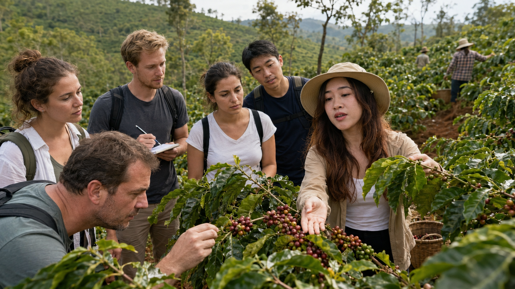 Buyers visiting a Vietnamese coffee supply region to understand the full processing chain from farm to export